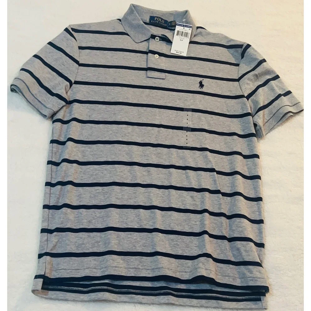 Polo Ralph Lauren Mens Grey Navy Blue Striped Cotton Polo Shirt Small NWT